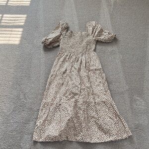 Smocked Puff Sleeve Midi Dress in Cream with Brown Dot Print
